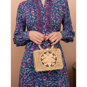 Rodebjer Palm Bag Handwoven Raffia Floral Structured Handbag Natural Canvas NWT